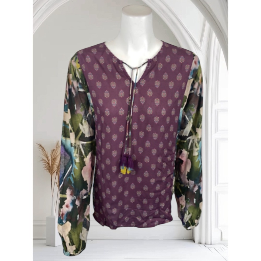 Tolani Collection Mixed Print Long Sleeve Top with Tassels Size S BOHO‎ Floral
